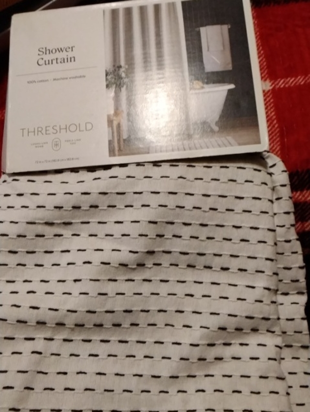 Threshold White Shower Curtain with Black Stitched Stripes